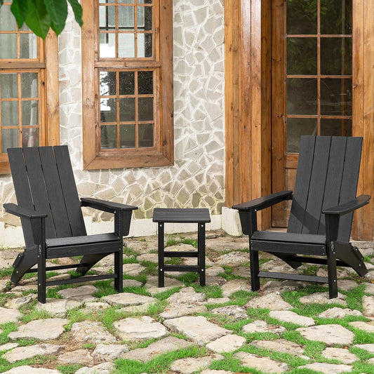 Folding Adirondack Chair Set of 2 with Table Weather Resistant Foldable Fire Pit Chairs HDPE Outdoor Adirondack Chair for Patio Front Porch Pool Garden Deck Fire Pit Outside, Black