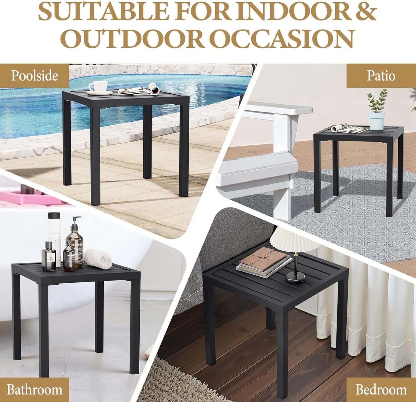 Crestlive Products Outdoor Side Table Set of 2 - Small Metal Square End Table - Easy to Assemble, Weather Resistant Ideal for Garden, Patio, Poolside, Beach, Balcony, Porch