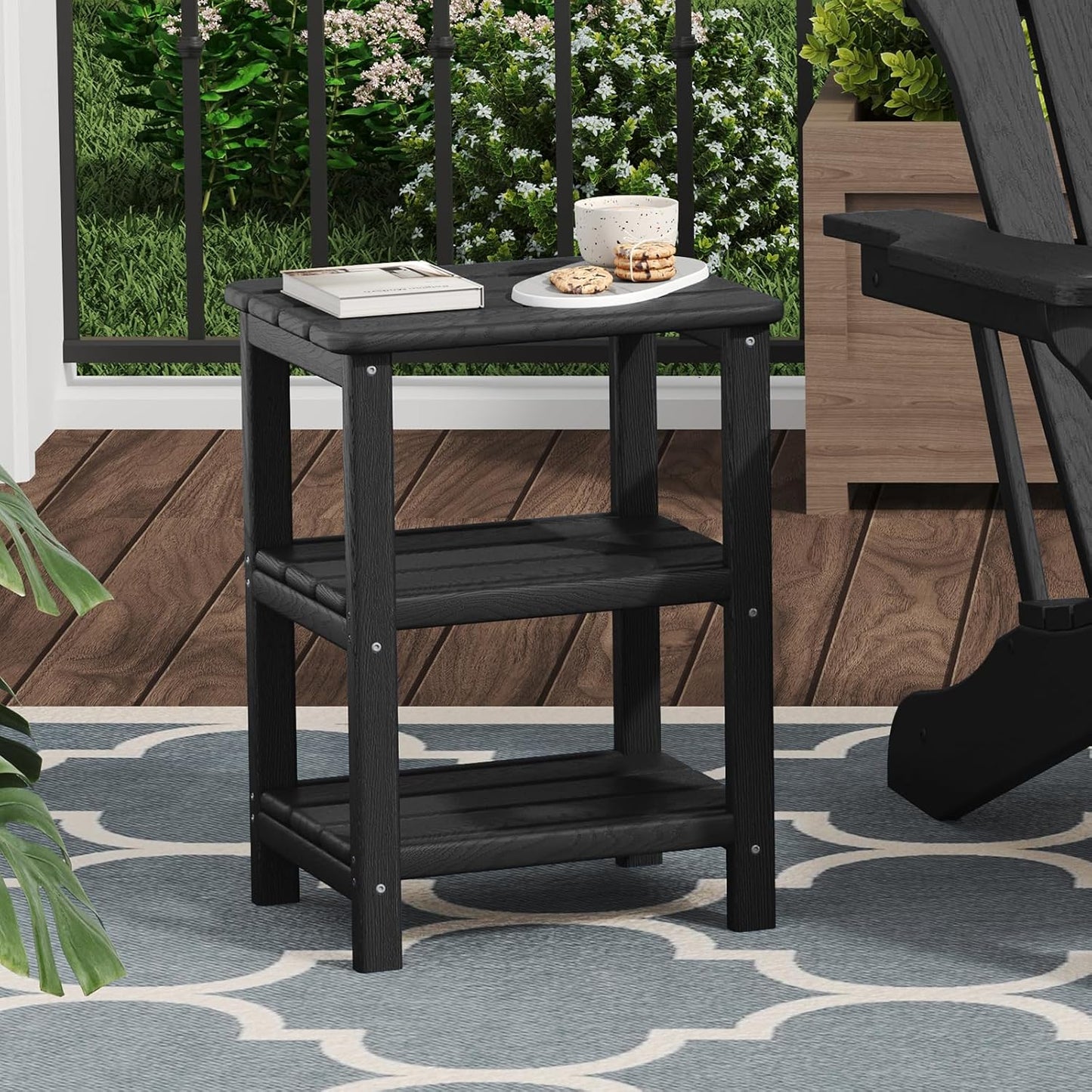 3 Tier Outdoor Side Table Adirondack Side Table HDPE End Table Patio Side Table Rectangle Tables for Outdoor Backyard Garden Balcony (Retro, Black)