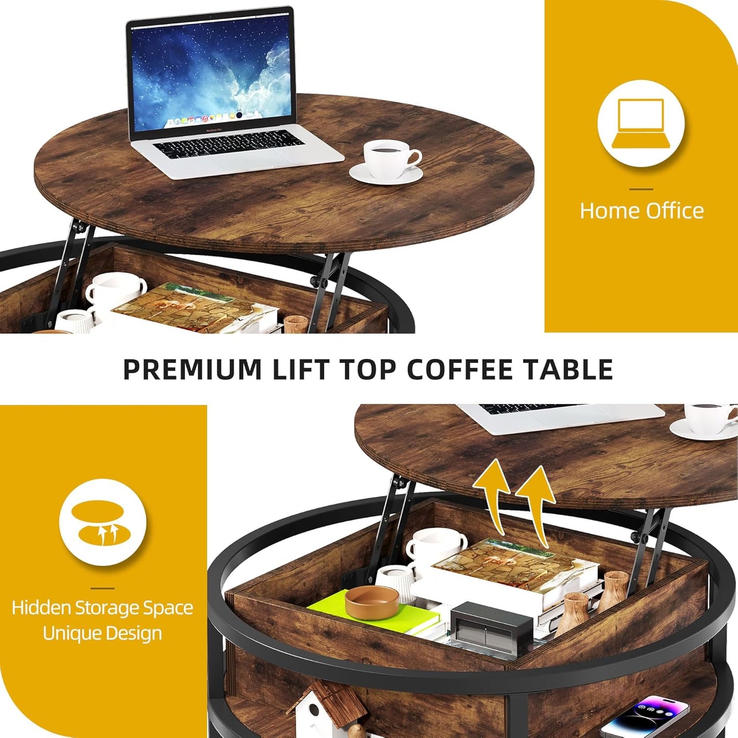 DWVO Round Lift Top Coffee Tables for Living Room, Circle Coffee Table with Storage & Hidden Compartment, Farmhouse Wood Coffee Tables with Lifting up Living Room for Home Office Samll Table, Brown
