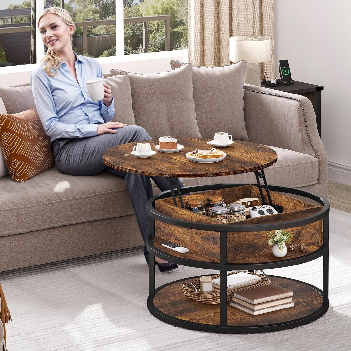 DWVO Round Lift Top Coffee Tables for Living Room, Circle Coffee Table with Storage & Hidden Compartment, Farmhouse Wood Coffee Tables with Lifting up Living Room for Home Office Samll Table, Brown