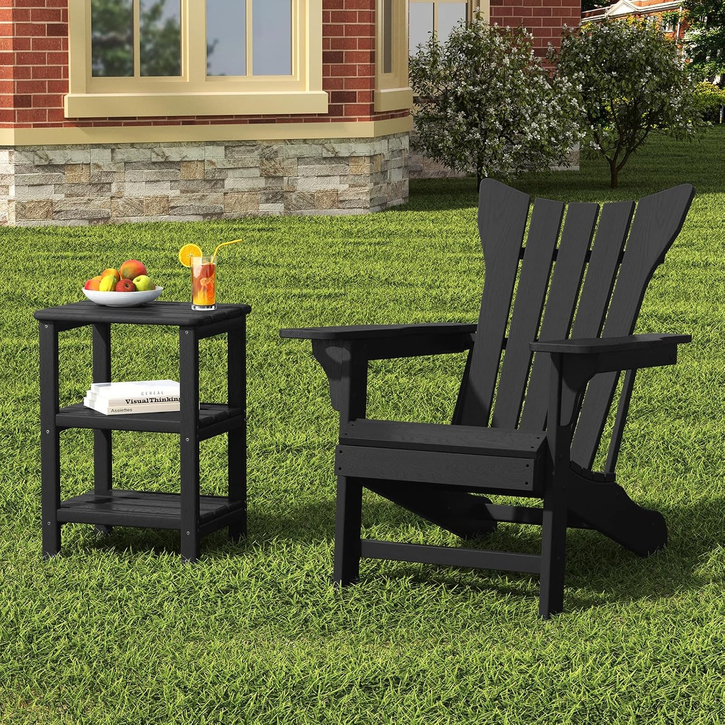 3 Tier Outdoor Side Table Adirondack Side Table HDPE End Table Patio Side Table Rectangle Tables for Outdoor Backyard Garden Balcony (Retro, Black)