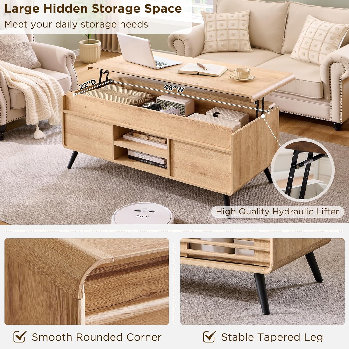RedLemon 48" Lift top Coffee Table, mid Century Modern Coffee Table with Slatted Sliding Door, Hidden Storage Compartment, 4 Storage Shelves, Center Table for Living Room, Office, Natural Oak