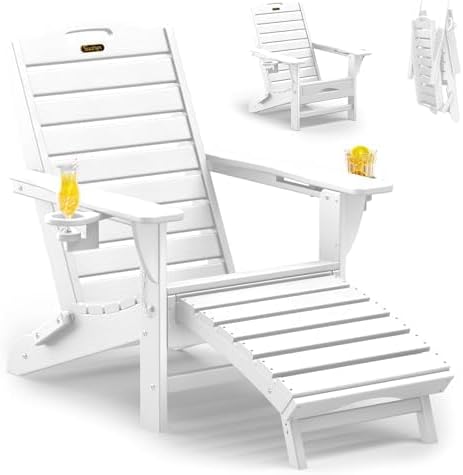 Folding Adirondack Chair with Retractable Ottoman Weather Resistant Fire Pit Chair Patio Chair with 2 Cup Holder Lawn Outdoor Lounge Chairs (Grey)