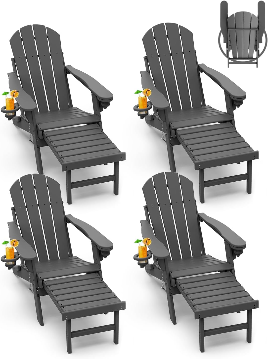 GREENVINES Adirondack-Chairs-with-Ottoman | Set of 2 | Folding | Retractable-Footrest | HDPE Plastic | All Weather Fire Pit Chair | Cup Holders | Blue | for Outdoor Poolside