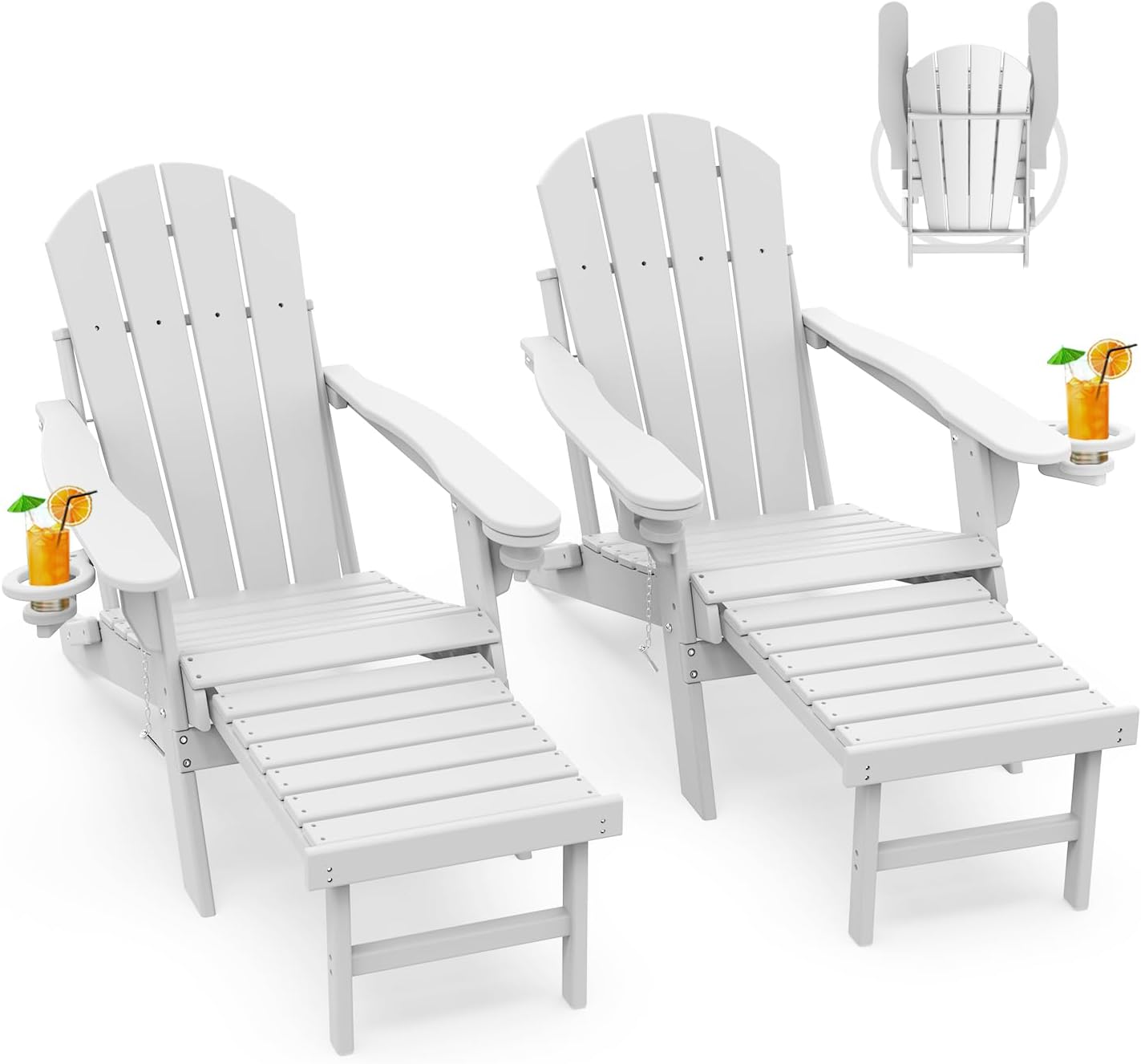 GREENVINES Adirondack-Chairs-with-Ottoman | Set of 2 | Folding | Retractable-Footrest | HDPE Plastic | All Weather Fire Pit Chair | Cup Holders | Blue | for Outdoor Poolside