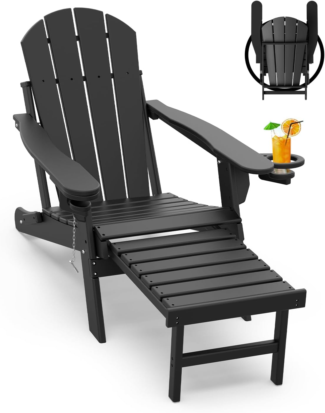 GREENVINES Adirondack-Chairs-with-Ottoman | Set of 2 | Folding | Retractable-Footrest | HDPE Plastic | All Weather Fire Pit Chair | Cup Holders | Blue | for Outdoor Poolside