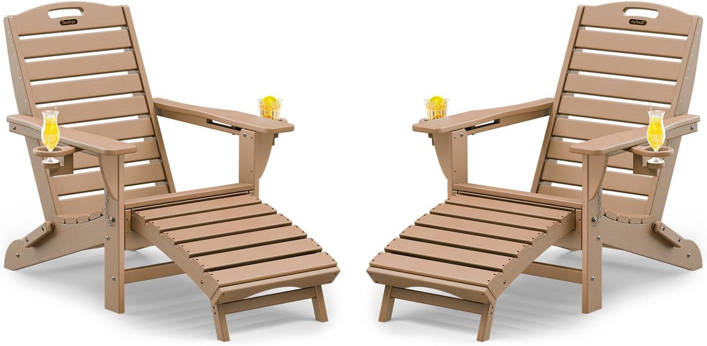 Folding Adirondack Chair with Retractable Ottoman Weather Resistant Fire Pit Chair Patio Chair with 2 Cup Holder Lawn Outdoor Lounge Chairs (Grey)