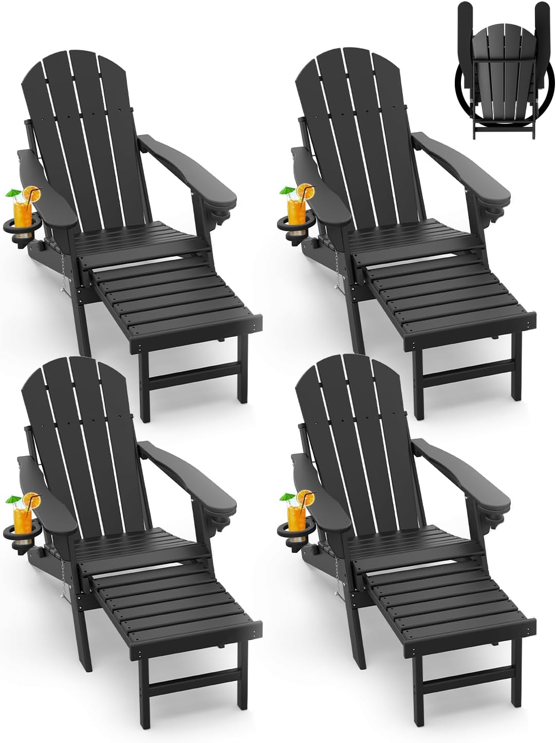 GREENVINES Adirondack-Chairs-with-Ottoman | Set of 2 | Folding | Retractable-Footrest | HDPE Plastic | All Weather Fire Pit Chair | Cup Holders | Blue | for Outdoor Poolside