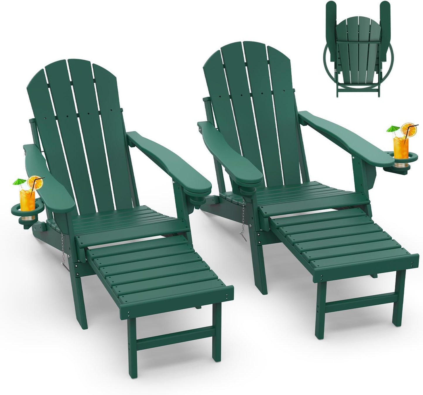 GREENVINES Adirondack-Chairs-with-Ottoman | Set of 2 | Folding | Retractable-Footrest | HDPE Plastic | All Weather Fire Pit Chair | Cup Holders | Blue | for Outdoor Poolside