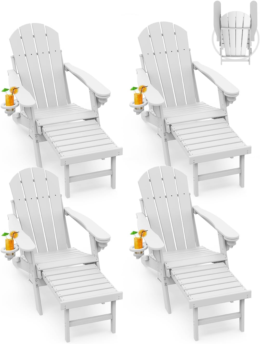 GREENVINES Adirondack-Chairs-with-Ottoman | Set of 2 | Folding | Retractable-Footrest | HDPE Plastic | All Weather Fire Pit Chair | Cup Holders | Blue | for Outdoor Poolside