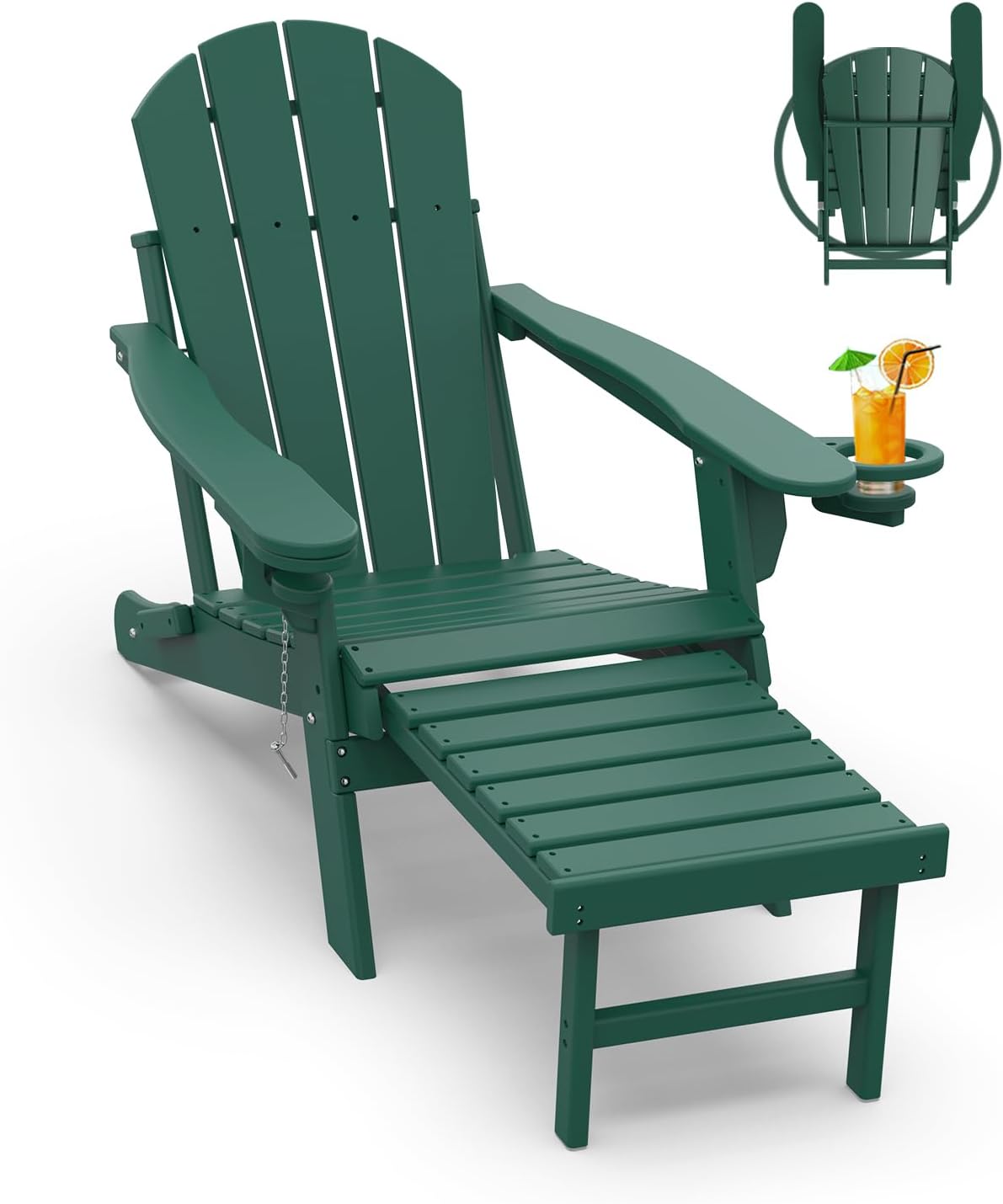 GREENVINES Adirondack-Chairs-with-Ottoman | Set of 2 | Folding | Retractable-Footrest | HDPE Plastic | All Weather Fire Pit Chair | Cup Holders | Blue | for Outdoor Poolside