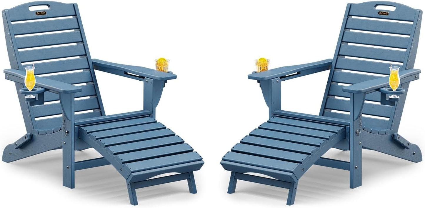Folding Adirondack Chair with Retractable Ottoman Weather Resistant Fire Pit Chair Patio Chair with 2 Cup Holder Lawn Outdoor Lounge Chairs (Grey)