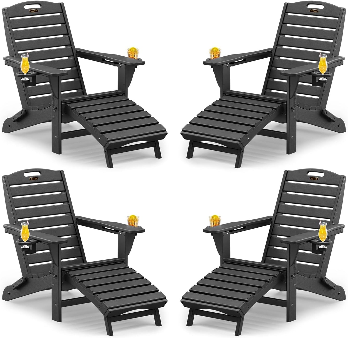 Folding Adirondack Chair with Retractable Ottoman Weather Resistant Fire Pit Chair Patio Chair with 2 Cup Holder Lawn Outdoor Lounge Chairs (Grey)
