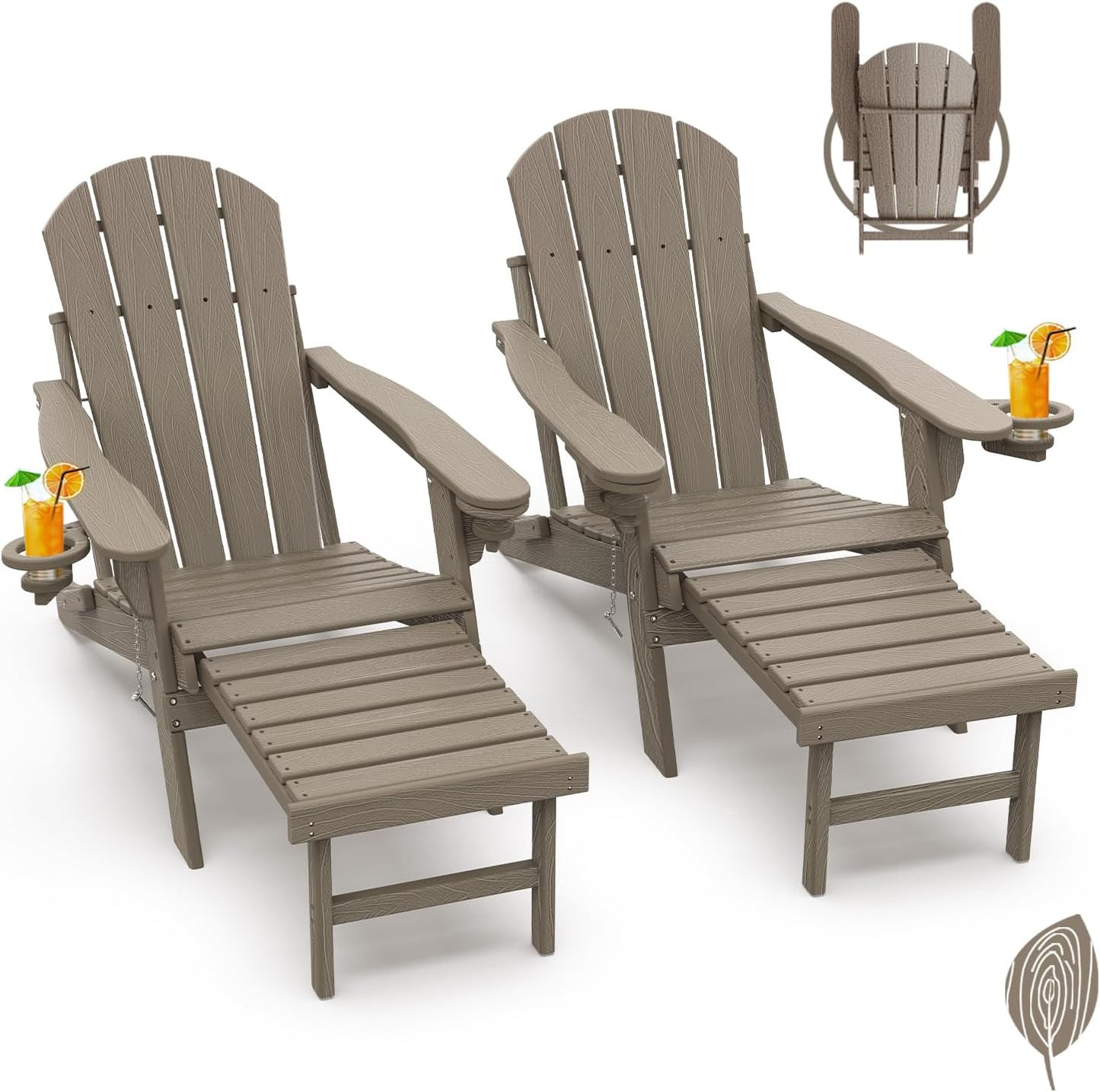 GREENVINES Adirondack-Chairs-with-Ottoman | Set of 2 | Folding | Retractable-Footrest | HDPE Plastic | All Weather Fire Pit Chair | Cup Holders | Blue | for Outdoor Poolside