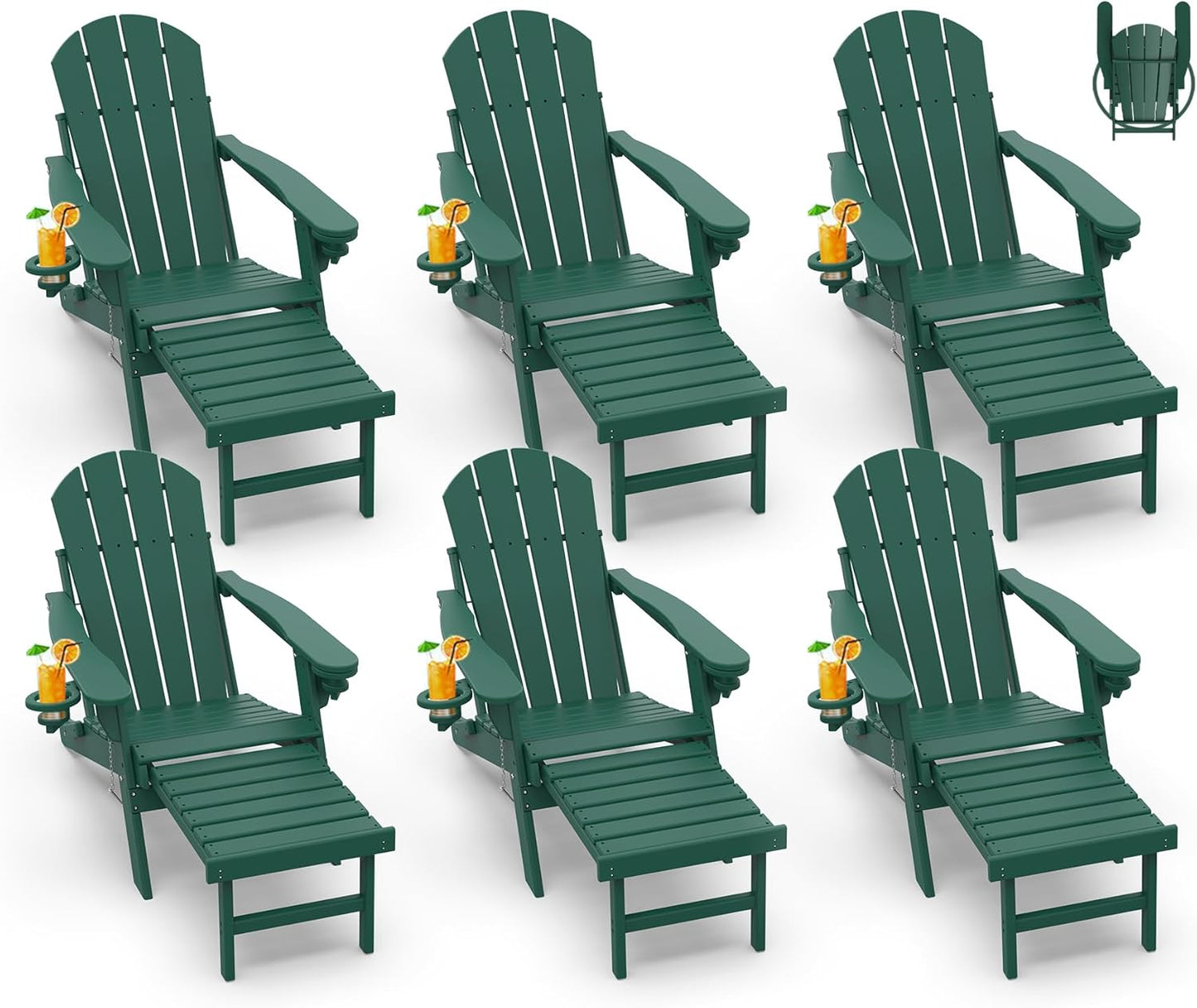 GREENVINES Adirondack-Chairs-with-Ottoman | Set of 2 | Folding | Retractable-Footrest | HDPE Plastic | All Weather Fire Pit Chair | Cup Holders | Blue | for Outdoor Poolside
