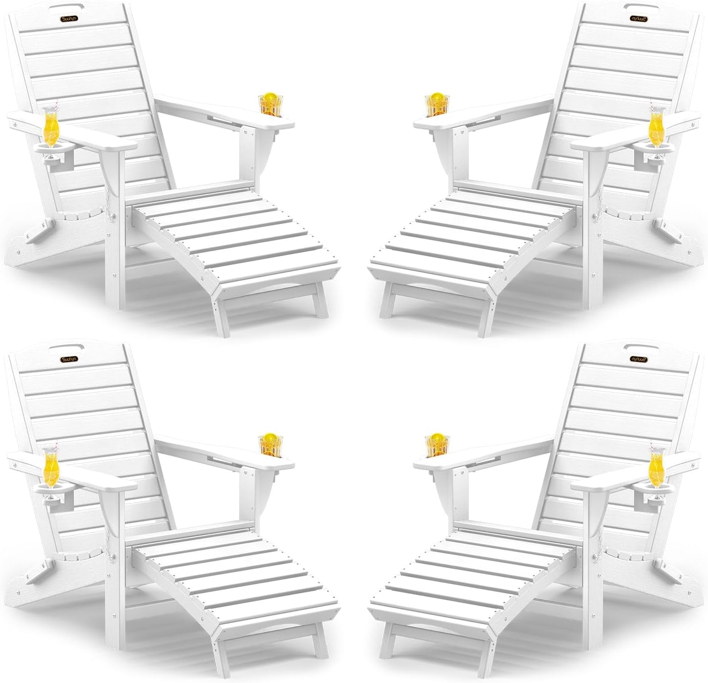 Folding Adirondack Chair with Retractable Ottoman Weather Resistant Fire Pit Chair Patio Chair with 2 Cup Holder Lawn Outdoor Lounge Chairs (Grey)