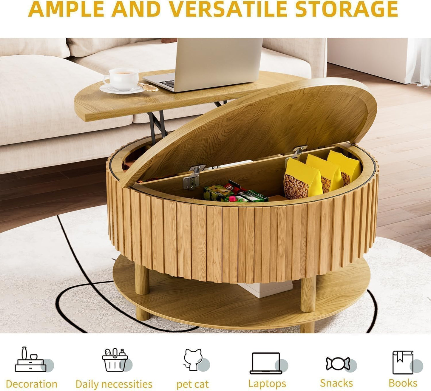 Round Lift Top Coffee Table with Storage, 31.5'' Modern 2-Tier Coffee Table with Hidden Storage and Open Shelf, Fluted Center Table for Living Room (Wood Color)