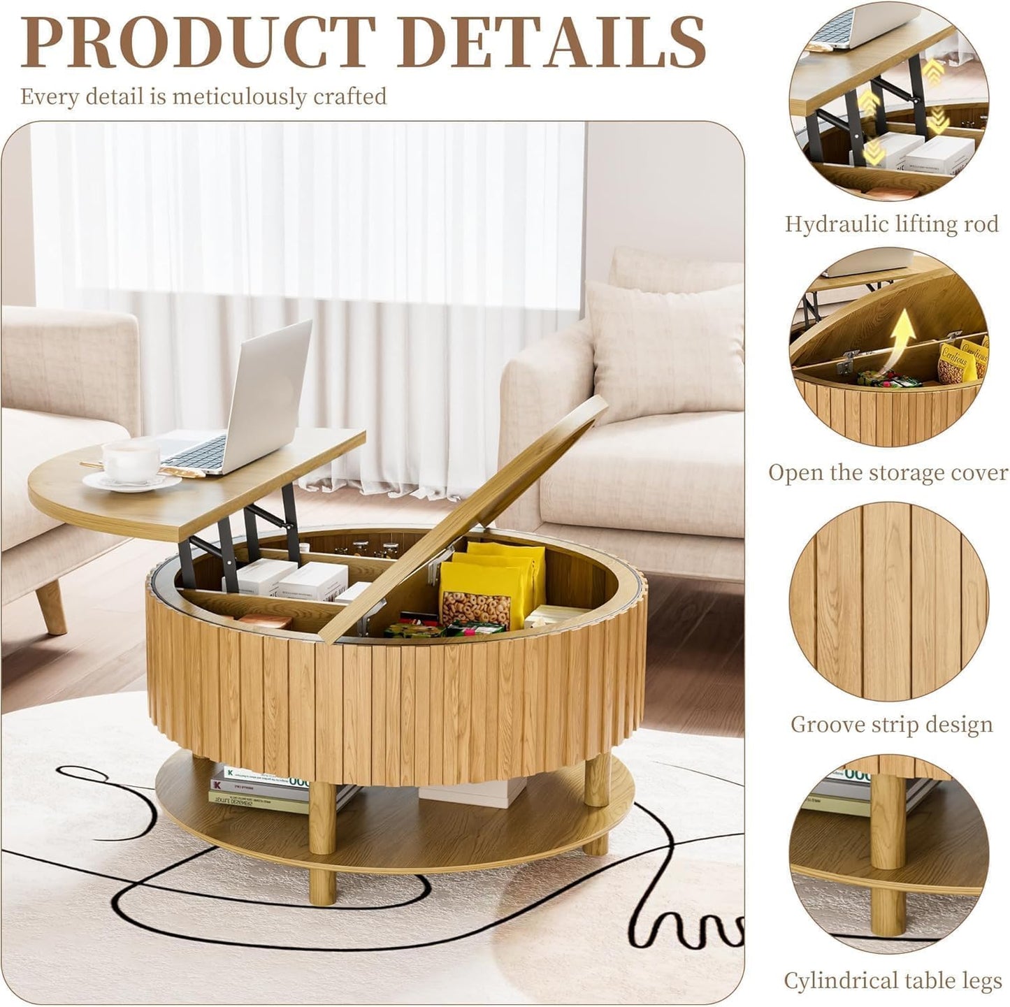 Round Lift Top Coffee Table with Storage, 31.5'' Modern 2-Tier Coffee Table with Hidden Storage and Open Shelf, Fluted Center Table for Living Room (Wood Color)