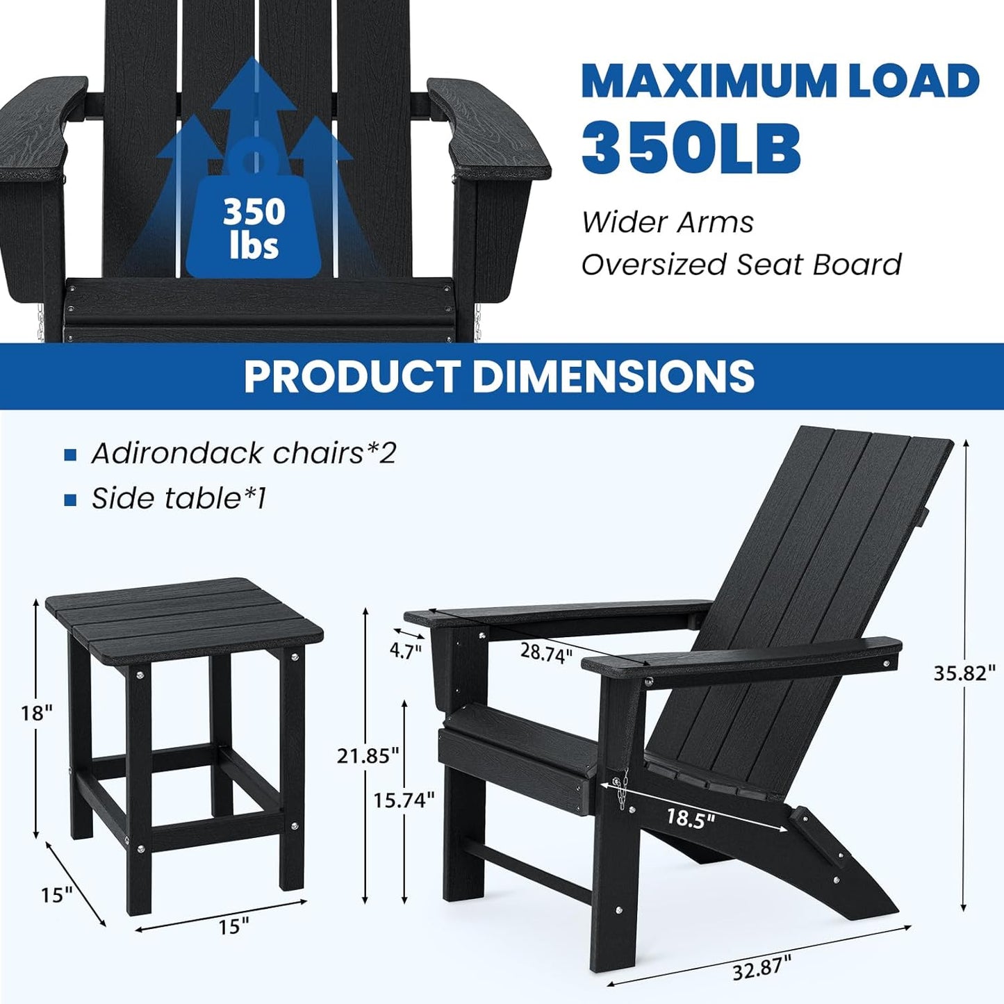 Folding Adirondack Chair Set of 2 with Table Weather Resistant Foldable Fire Pit Chairs HDPE Outdoor Adirondack Chair for Patio Front Porch Pool Garden Deck Fire Pit Outside, Black