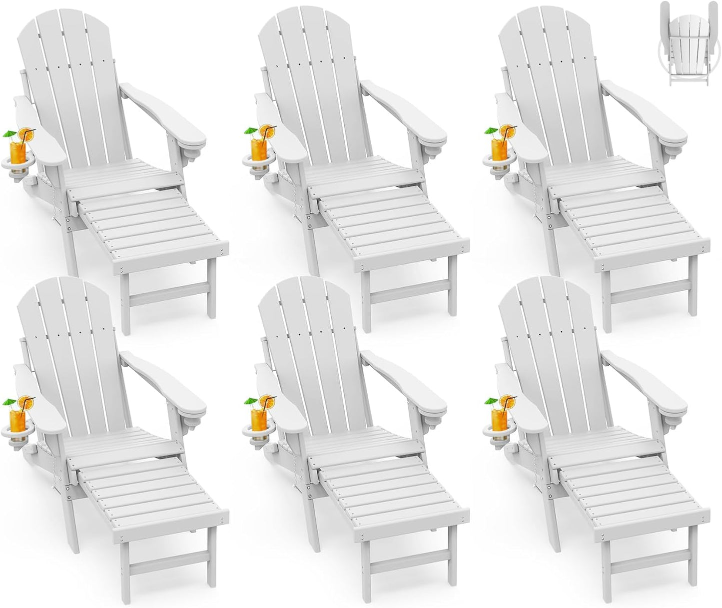GREENVINES Adirondack-Chairs-with-Ottoman | Set of 2 | Folding | Retractable-Footrest | HDPE Plastic | All Weather Fire Pit Chair | Cup Holders | Blue | for Outdoor Poolside