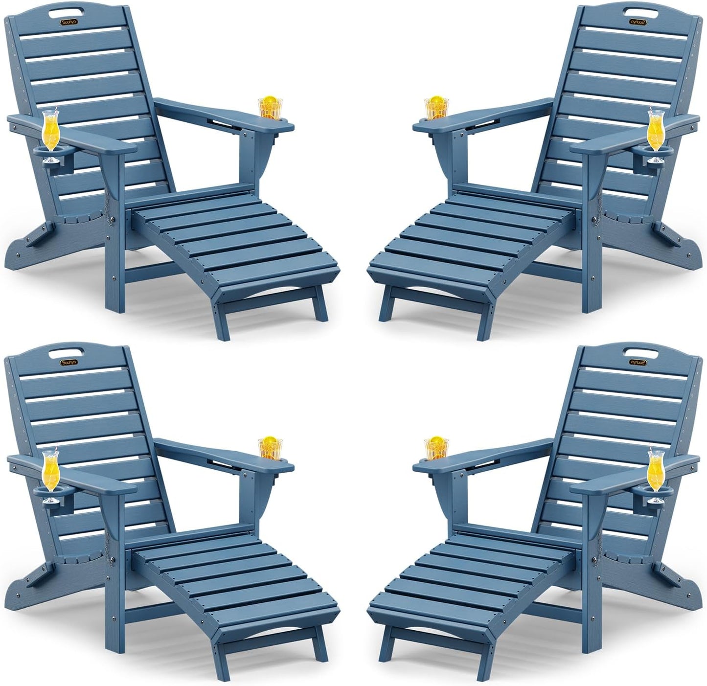 Folding Adirondack Chair with Retractable Ottoman Weather Resistant Fire Pit Chair Patio Chair with 2 Cup Holder Lawn Outdoor Lounge Chairs (Grey)