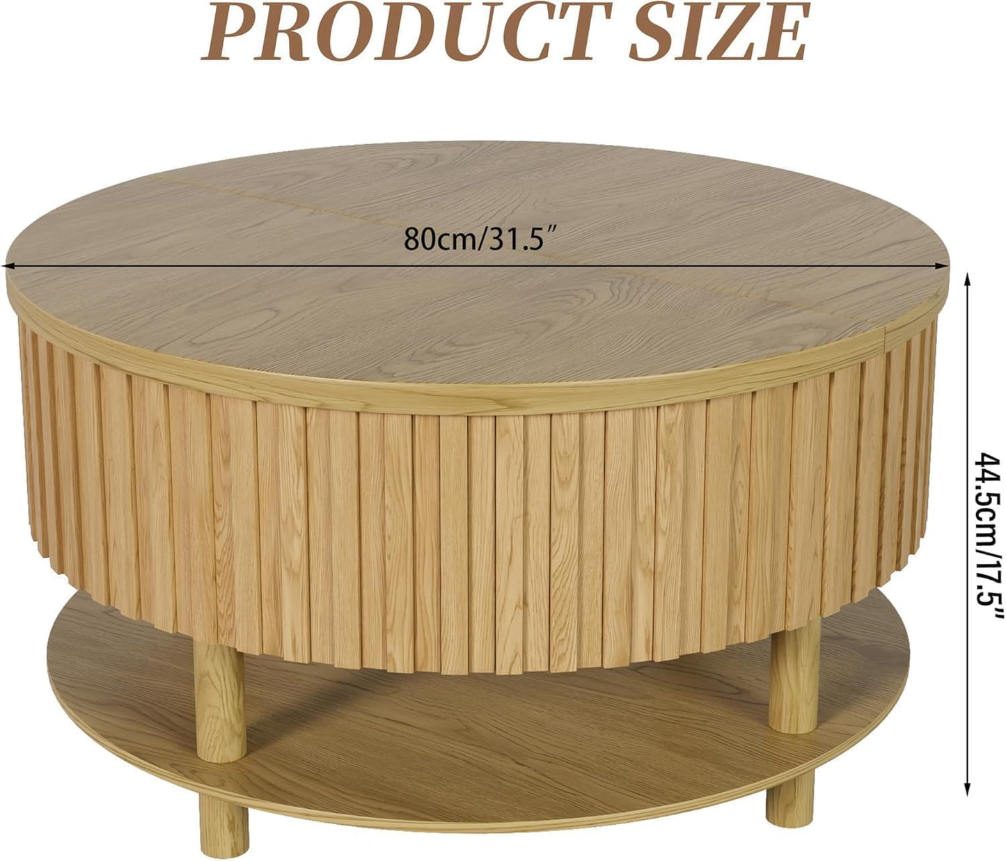 Round Lift Top Coffee Table with Storage, 31.5'' Modern 2-Tier Coffee Table with Hidden Storage and Open Shelf, Fluted Center Table for Living Room (Wood Color)