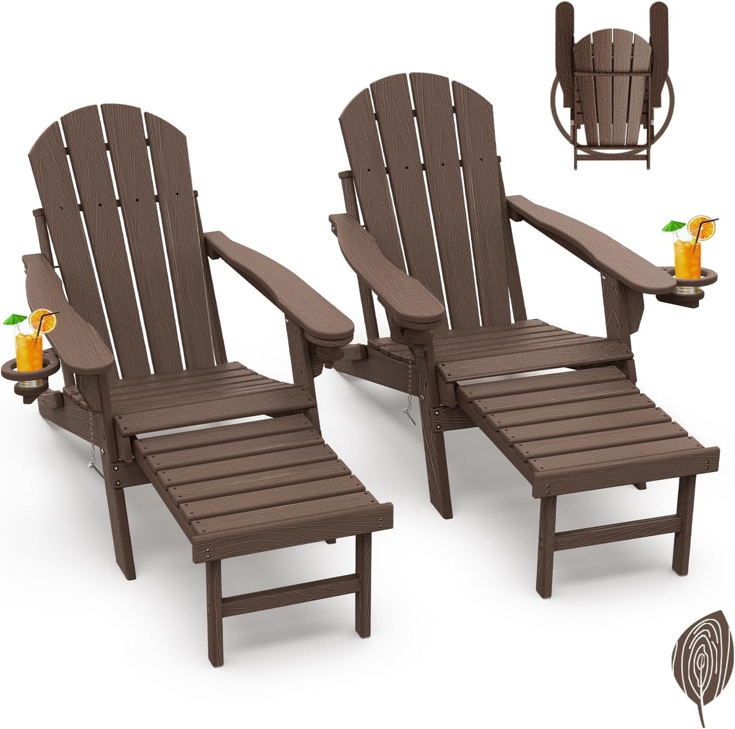 GREENVINES Adirondack-Chairs-with-Ottoman | Set of 2 | Folding | Retractable-Footrest | HDPE Plastic | All Weather Fire Pit Chair | Cup Holders | Blue | for Outdoor Poolside