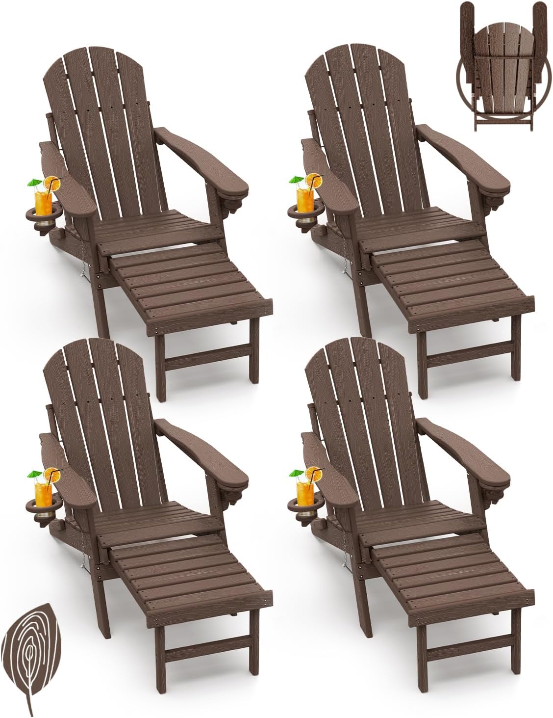 GREENVINES Adirondack-Chairs-with-Ottoman | Set of 2 | Folding | Retractable-Footrest | HDPE Plastic | All Weather Fire Pit Chair | Cup Holders | Blue | for Outdoor Poolside