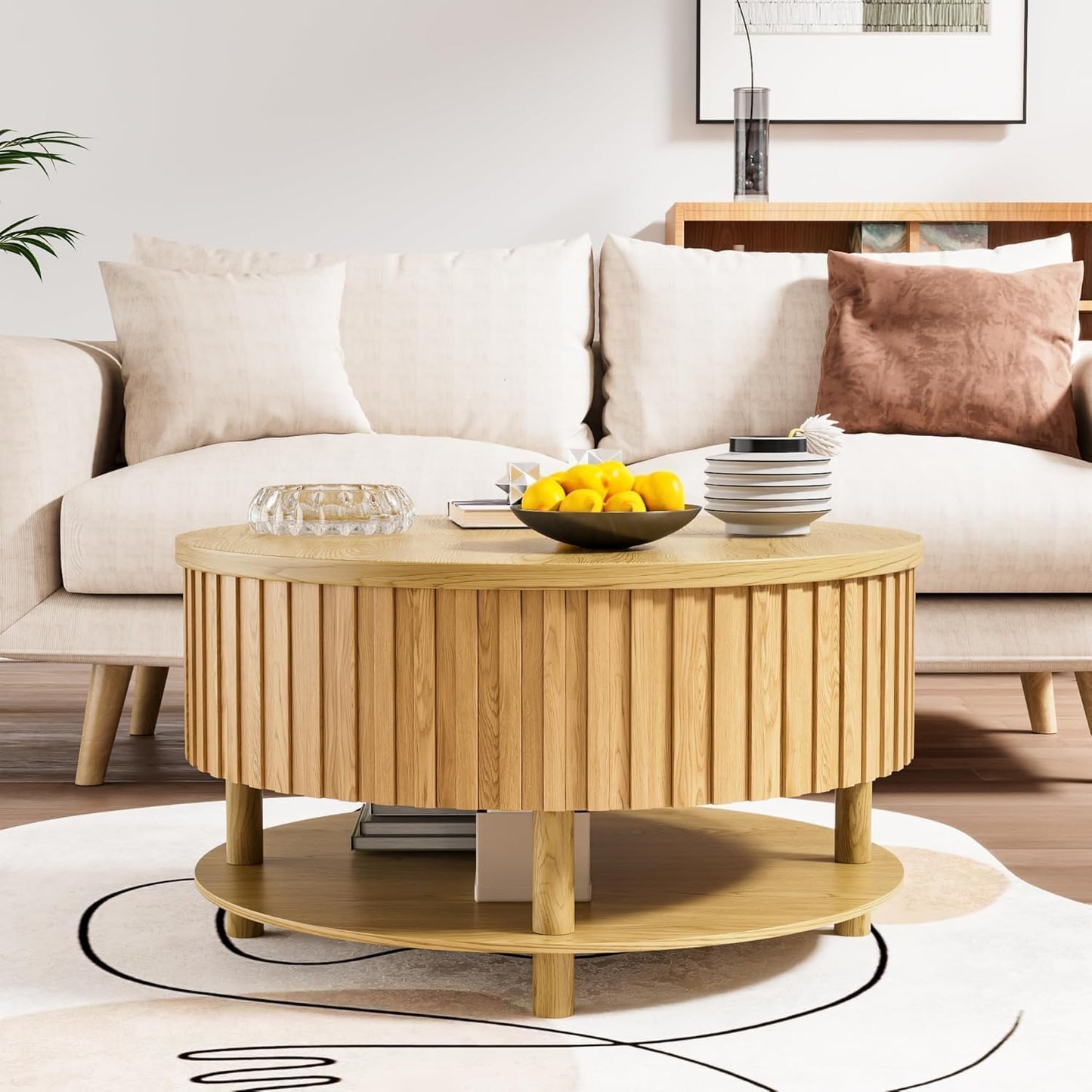Round Lift Top Coffee Table with Storage, 31.5'' Modern 2-Tier Coffee Table with Hidden Storage and Open Shelf, Fluted Center Table for Living Room (Wood Color)