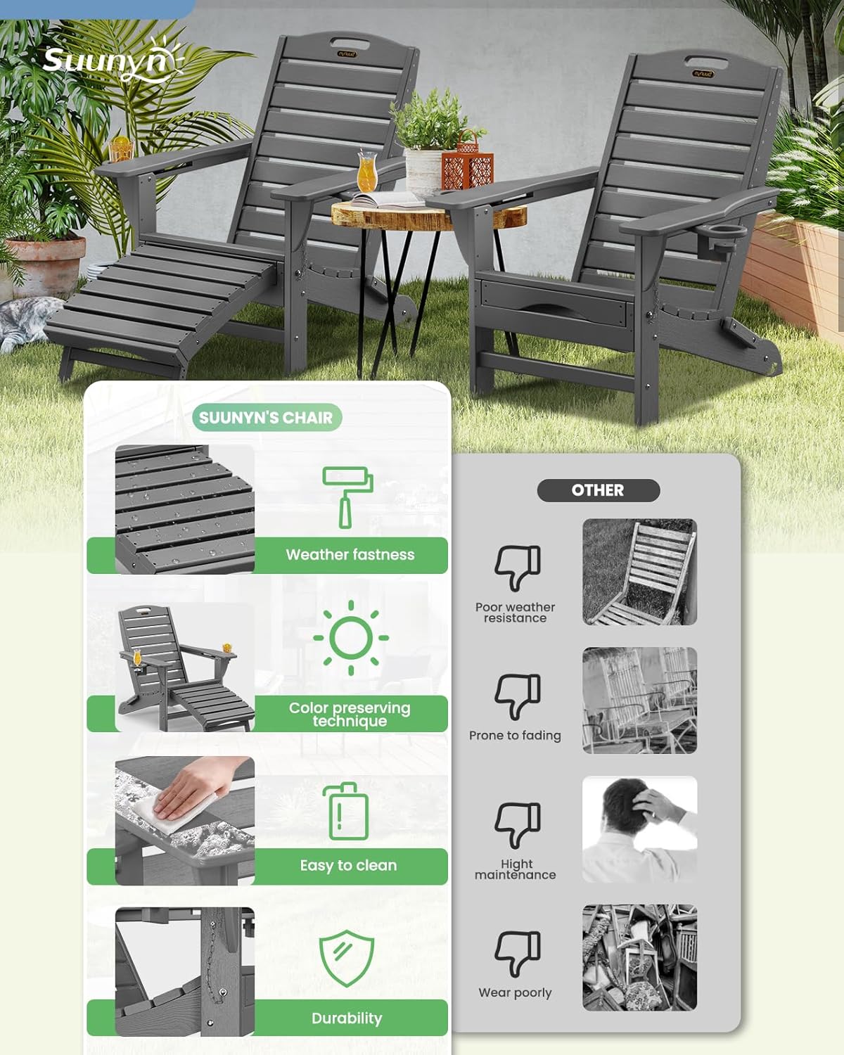 Folding Adirondack Chair with Retractable Ottoman Weather Resistant Fire Pit Chair Patio Chair with 2 Cup Holder Lawn Outdoor Lounge Chairs (Grey)