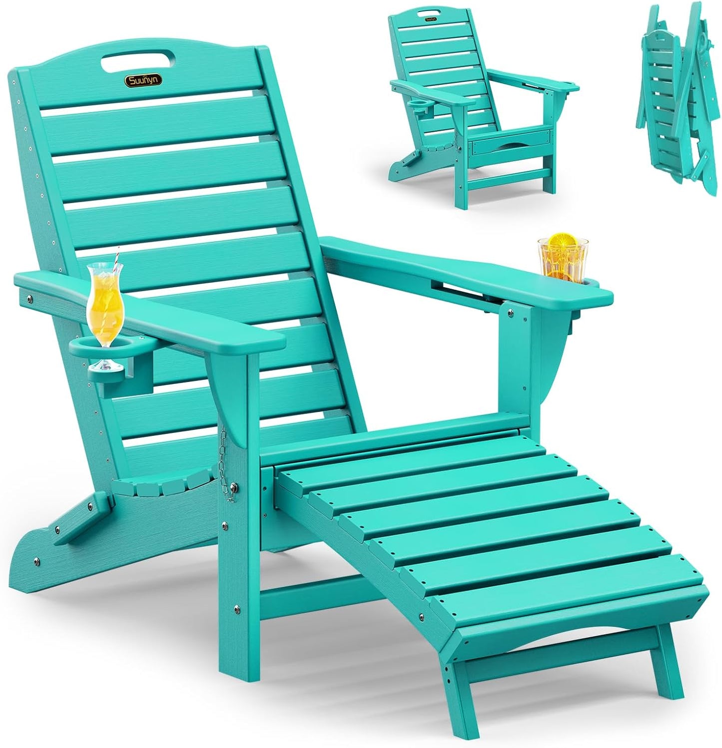 Folding Adirondack Chair with Retractable Ottoman Weather Resistant Fire Pit Chair Patio Chair with 2 Cup Holder Lawn Outdoor Lounge Chairs (Grey)