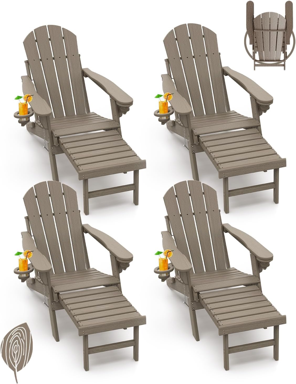 GREENVINES Adirondack-Chairs-with-Ottoman | Set of 2 | Folding | Retractable-Footrest | HDPE Plastic | All Weather Fire Pit Chair | Cup Holders | Blue | for Outdoor Poolside