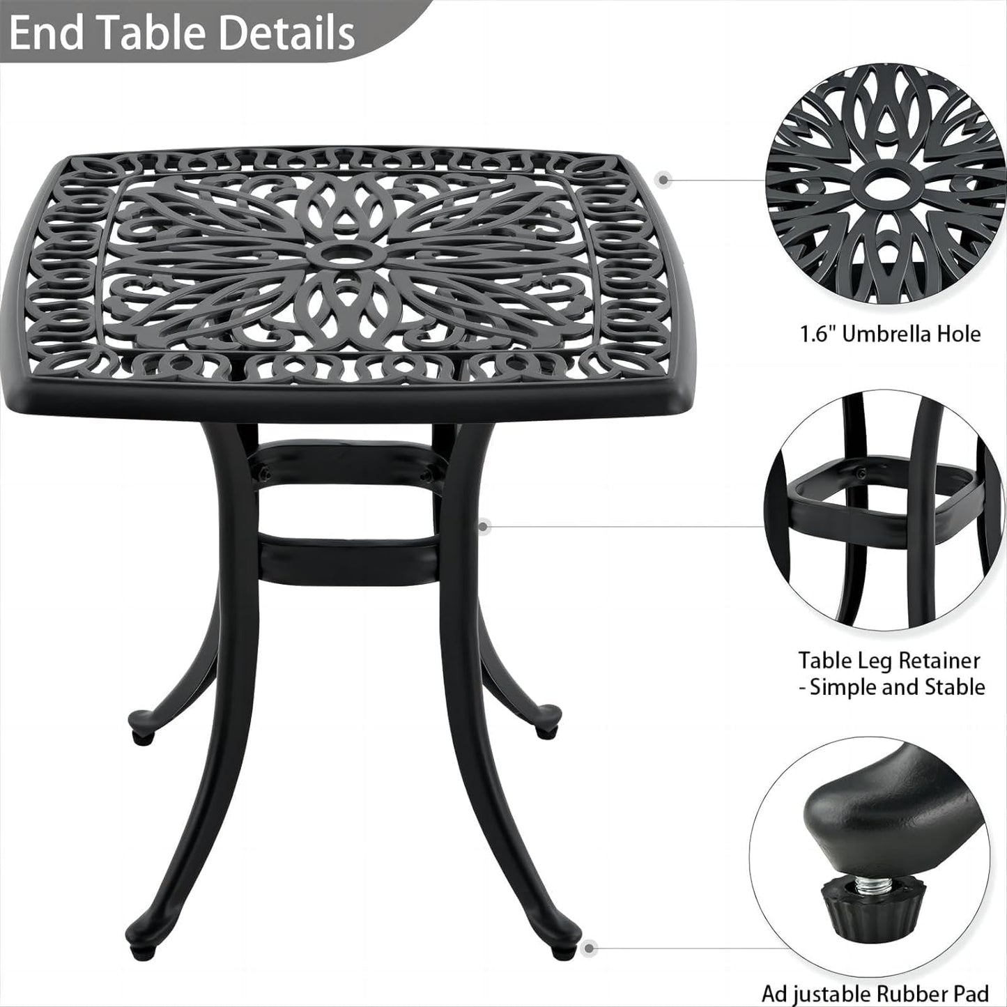 Outdoor 21" Cast Aluminum Square Side Table Set of 2 End Table for Patio, Backyard, Pool, Indoor Companion, Easy Maintenance and Weather Resistant, Black