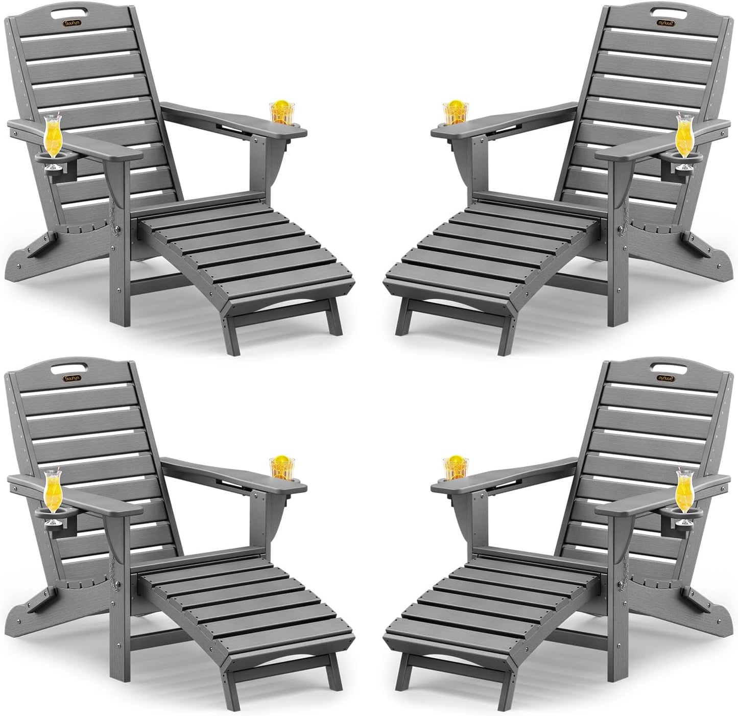 Folding Adirondack Chair with Retractable Ottoman Weather Resistant Fire Pit Chair Patio Chair with 2 Cup Holder Lawn Outdoor Lounge Chairs (Grey)