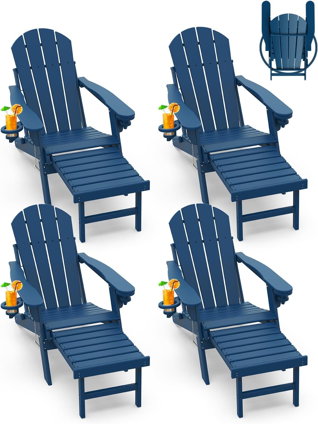 GREENVINES Adirondack-Chairs-with-Ottoman | Set of 2 | Folding | Retractable-Footrest | HDPE Plastic | All Weather Fire Pit Chair | Cup Holders | Blue | for Outdoor Poolside