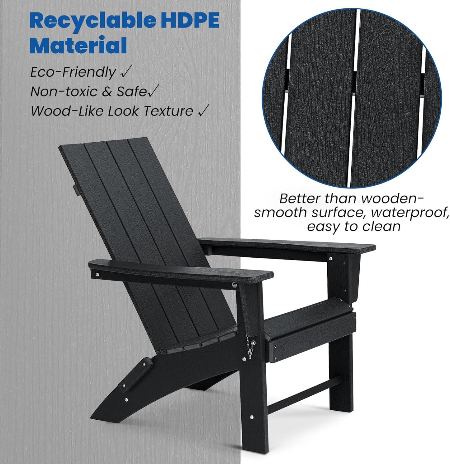 Folding Adirondack Chair Set of 2 with Table Weather Resistant Foldable Fire Pit Chairs HDPE Outdoor Adirondack Chair for Patio Front Porch Pool Garden Deck Fire Pit Outside, Black