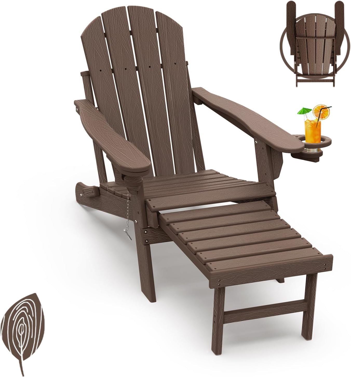 GREENVINES Adirondack-Chairs-with-Ottoman | Set of 2 | Folding | Retractable-Footrest | HDPE Plastic | All Weather Fire Pit Chair | Cup Holders | Blue | for Outdoor Poolside