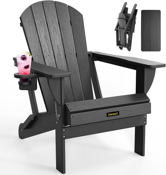 Plastic HDPE Adirondack Chair, Folding Adirondack Chair Weather Resistant with Cup Holder, Wooden Textured Fire Pit Outdoor Chair for Garden, Porch, Lawn, Backyard, Supports 380LBS, Black