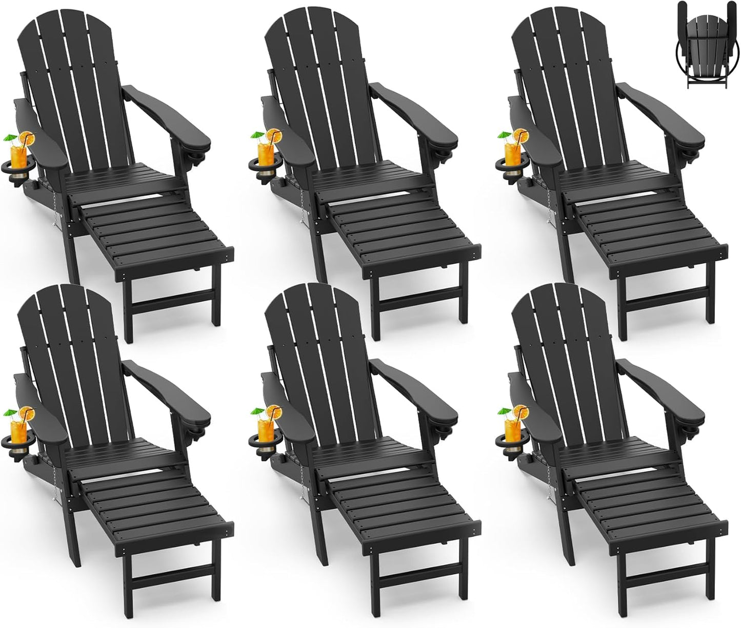 GREENVINES Adirondack-Chairs-with-Ottoman | Set of 2 | Folding | Retractable-Footrest | HDPE Plastic | All Weather Fire Pit Chair | Cup Holders | Blue | for Outdoor Poolside
