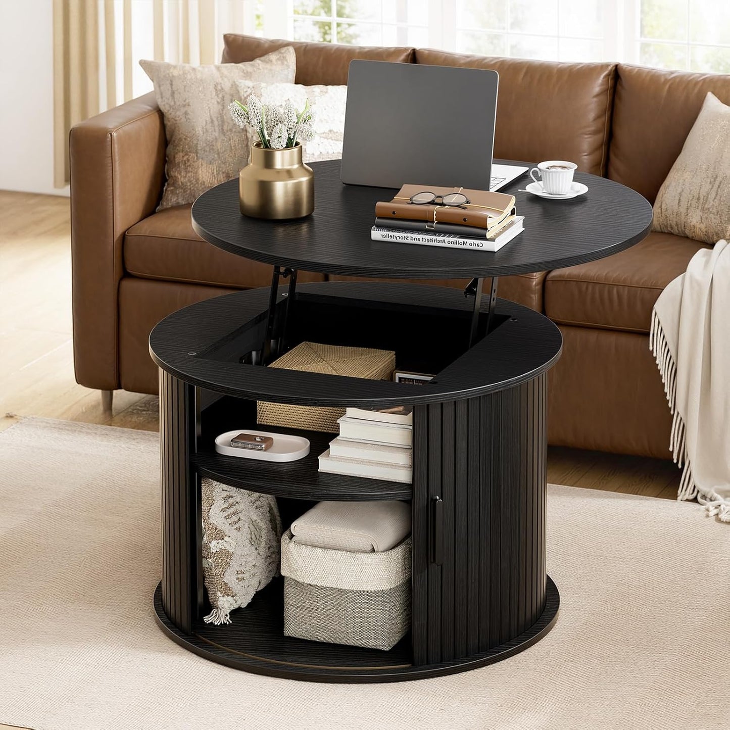 FABATO Round Lift Top Coffee Table, Fluted Wood Accent Coffee Table with Hidden Storage and Open Shelves, Drum Table with Sliding Rolling Door, Small Center Table Dining Table for Living Room, Walnut