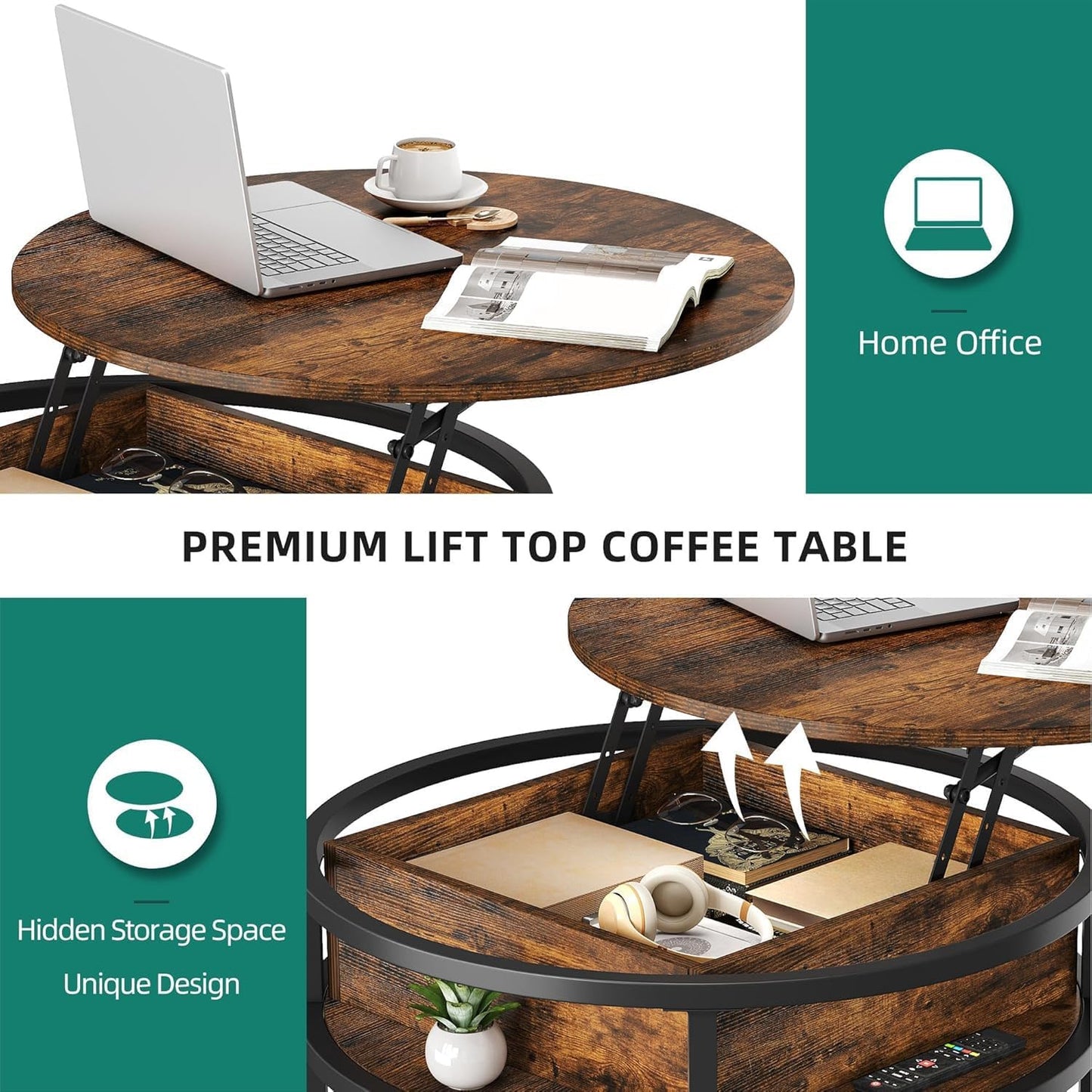 YITAHOME Round Lift Top Coffee Table with Storage, Coffee Tables for Living Room with Hidden Storage Compartment, Modern Coffee Table for Home Office, Wood Center Tables Living Room, Rustic Brown