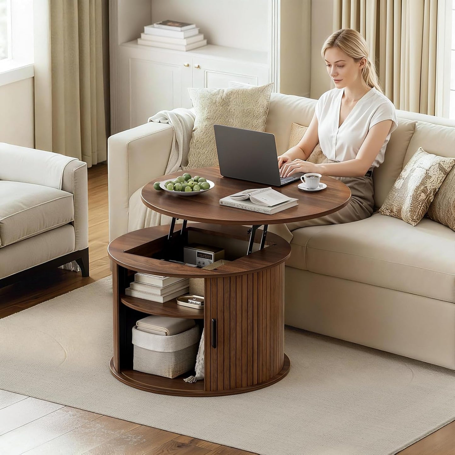 FABATO Round Lift Top Coffee Table, Fluted Wood Accent Coffee Table with Hidden Storage and Open Shelves, Drum Table with Sliding Rolling Door, Small Center Table Dining Table for Living Room, Walnut