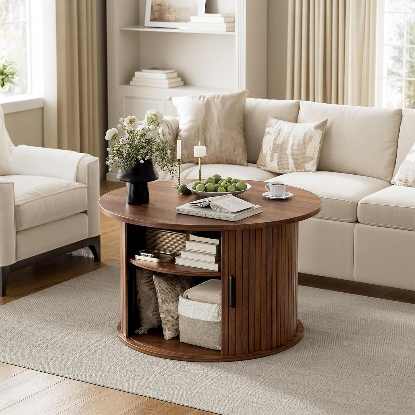 FABATO Round Lift Top Coffee Table, Fluted Wood Accent Coffee Table with Hidden Storage and Open Shelves, Drum Table with Sliding Rolling Door, Small Center Table Dining Table for Living Room, Walnut