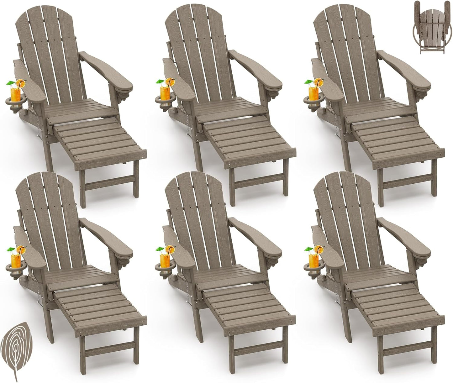 GREENVINES Adirondack-Chairs-with-Ottoman | Set of 2 | Folding | Retractable-Footrest | HDPE Plastic | All Weather Fire Pit Chair | Cup Holders | Blue | for Outdoor Poolside