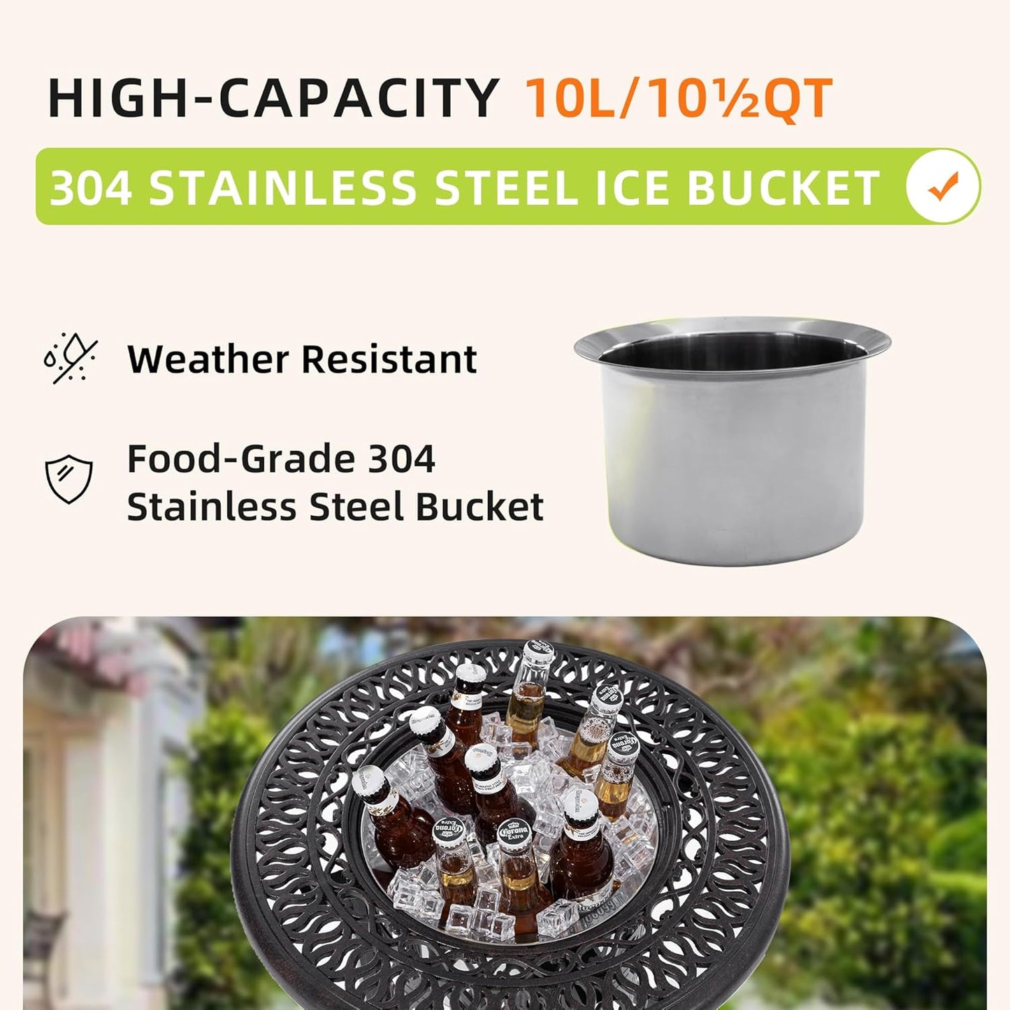 21" Outdoor Patio Round Side Table with 304 Stainless Steel Bucket, Cast Aluminum Outdoor Bistro Table with Umbrella Hole for Poolside, Deck, Backyard, Balcony