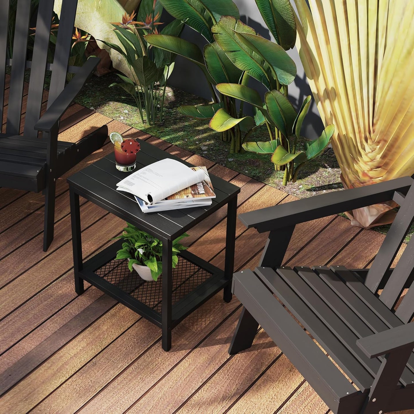 Rectangular Outdoor Side Table with Storage, 2-Tier Patio End Table Weather Resistant, Black Outdoor Accent Table, Small Porch Tables for Pool, Deck, Garden (Black 2PC)