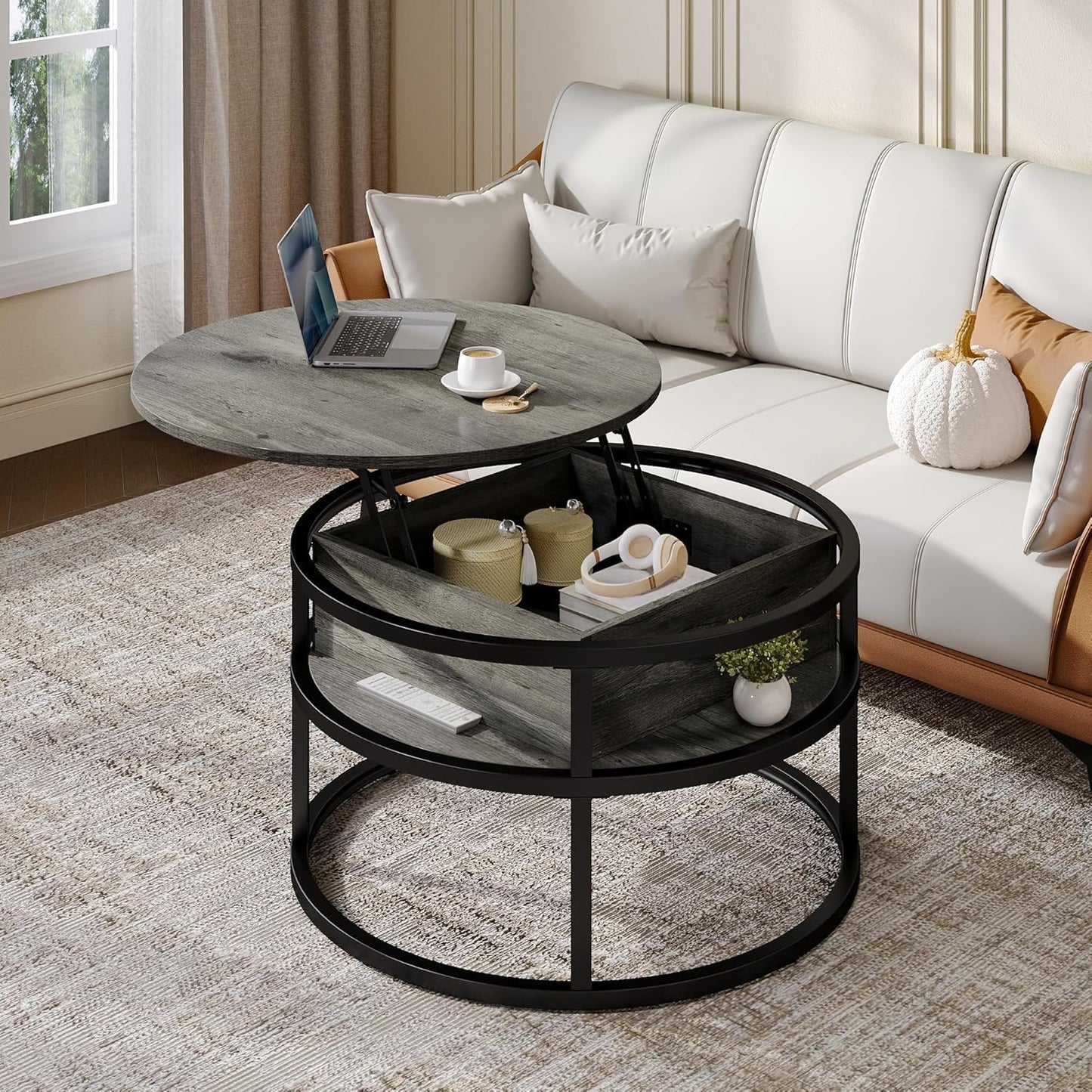 YITAHOME Round Lift Top Coffee Table with Storage, Coffee Tables for Living Room with Hidden Storage Compartment, Modern Coffee Table for Home Office, Wood Center Tables Living Room, Rustic Brown