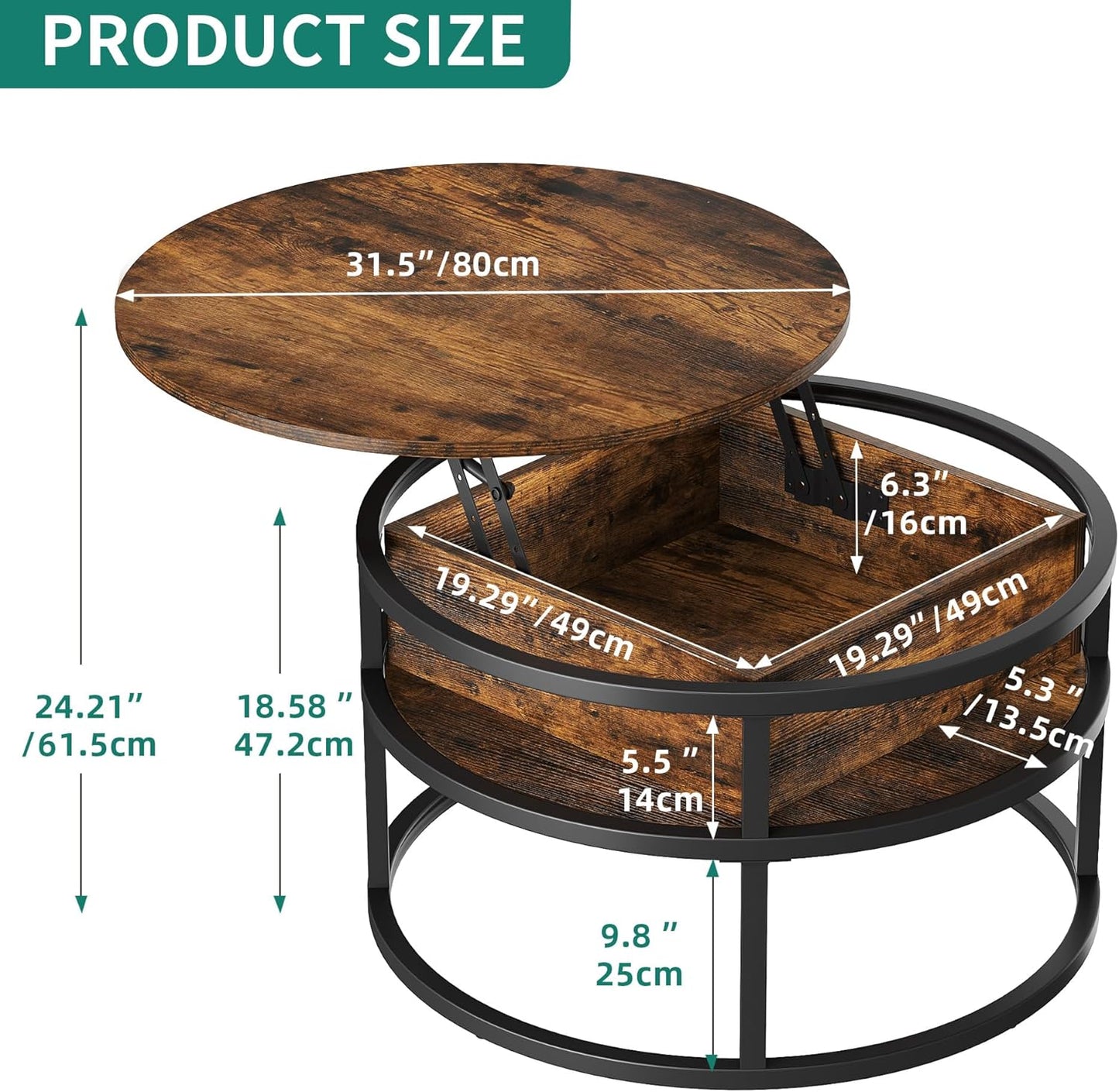 YITAHOME Round Lift Top Coffee Table with Storage, Coffee Tables for Living Room with Hidden Storage Compartment, Modern Coffee Table for Home Office, Wood Center Tables Living Room, Rustic Brown