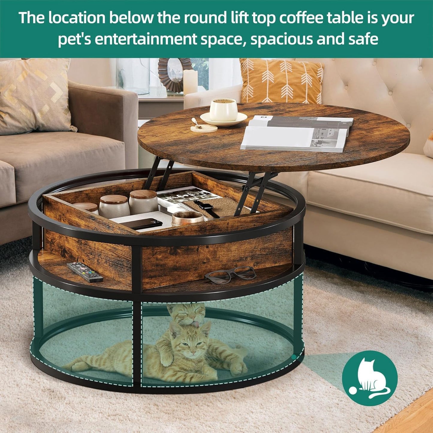 YITAHOME Round Lift Top Coffee Table with Storage, Coffee Tables for Living Room with Hidden Storage Compartment, Modern Coffee Table for Home Office, Wood Center Tables Living Room, Rustic Brown